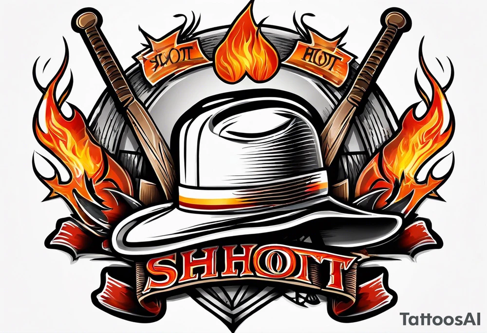 puck with crossed hockey sticks in the background and flames that says "SHOT HOCKEY" tattoo idea