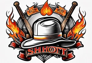 puck with crossed hockey sticks in the background and flames that says "SHOT HOCKEY" tattoo idea