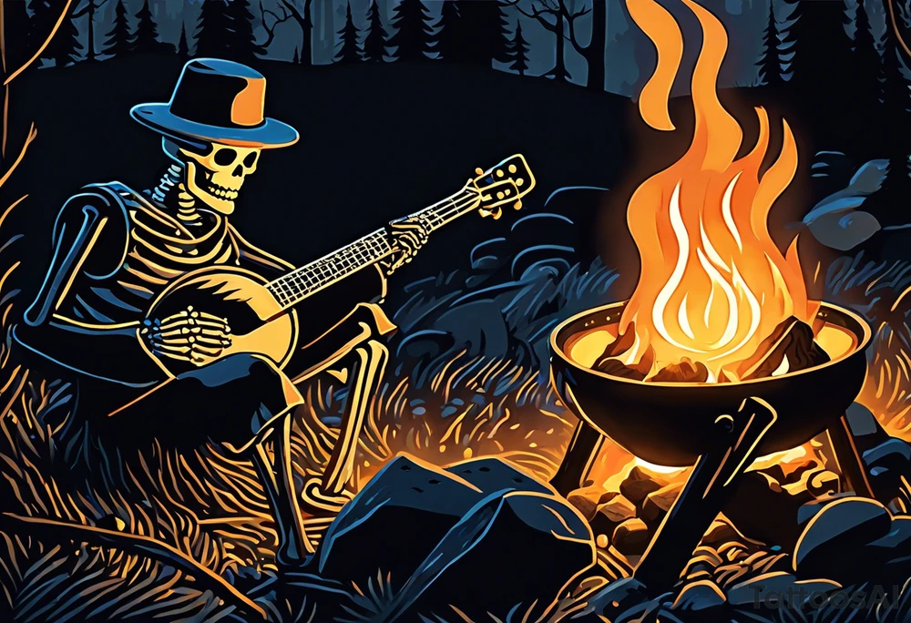 Foreground: The skeleton in a coal miner's hat, animatedly playing the banjo. The light from the campfire illuminates the skeleton and the nearby surroundings, casting intricate shadows.
Midground: The glowing campfire, with flames realistically designed in black and grey shades to emphasize movement and light.
Background: Subtle outlines and shading of rhododendron plants, giving a natural and dense feel to the woods. These can be stylized to blend seamlessly with the style of the tattoo.
Sky: A night sky speckled with stars, adding depth and a sense of time to the scene, with the stars providing a contrast against the dark sky. tattoo idea