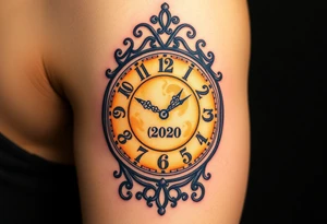 A timeless grandfather clock with delicate engravings, with the birth time and date "02. 03. 2020" glowing in soft golden light, in warm sepia and gold hues tattoo idea