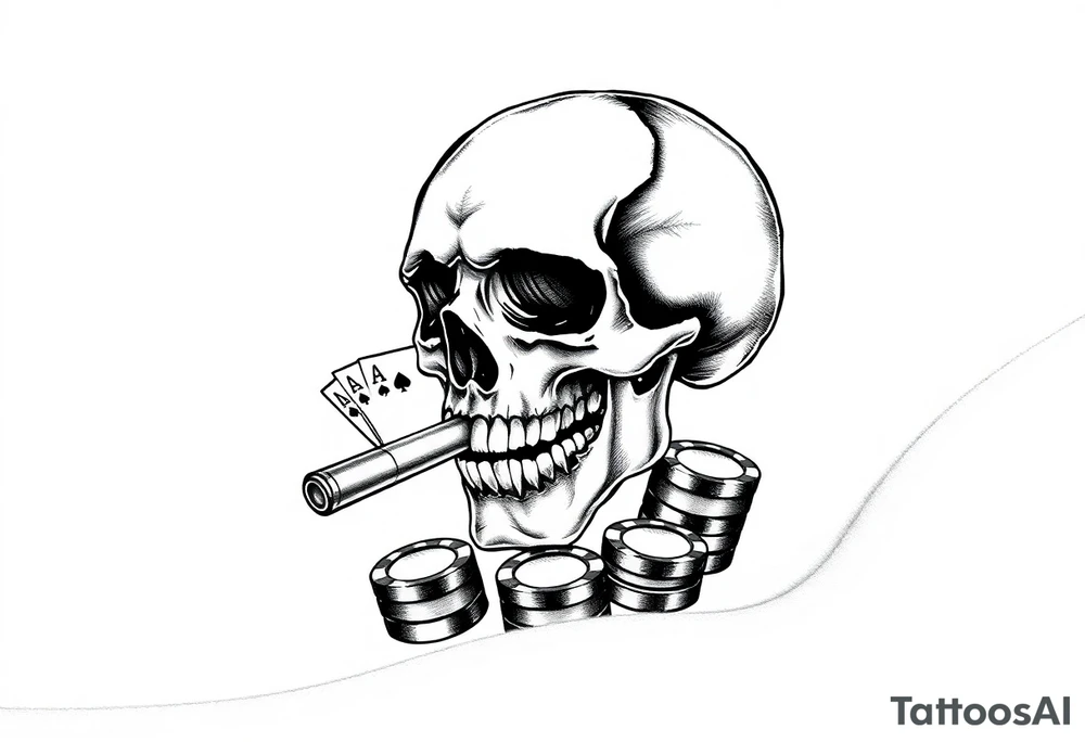 skull with smoking cigar in mouth,playing cards,pokerchips,a lot of money. tattoo idea