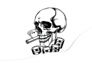 skull with smoking cigar in mouth,playing cards,pokerchips,a lot of money. tattoo idea