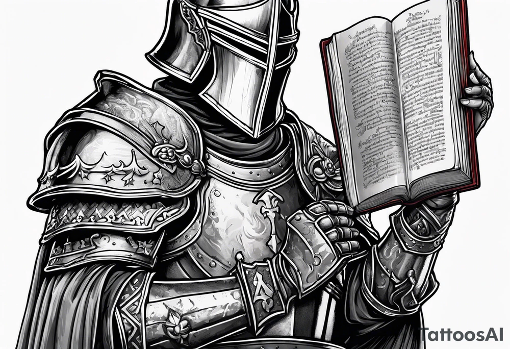 knight holding a bible over his head in combat with both hands tattoo idea