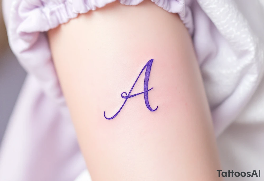 A delicate cursive "A" in soft lavender ink with a watercolor wash. tattoo idea