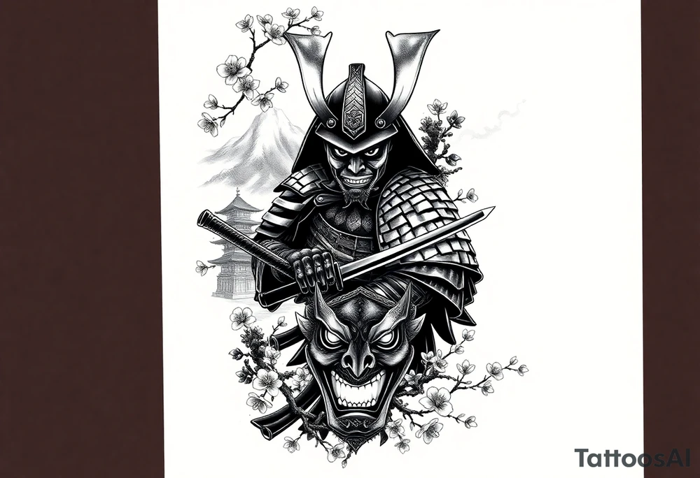 Design a detailed, all-black full arm sleeve tattoo featuring a traditional Japanese theme. The central figure is a fierce, heroic Japanese samurai warrior in full armor, wielding a katana. The samurai is positioned in a dynamic stance, as if preparing for battle, with intricate armor details like gold accents (only hinted in black shading) and ornate plating. Surrounding the samurai, delicate cherry blossoms bloom in full detail, their petals scattered across the sleeve with soft, swirling wind patterns. In the background, traditional Japanese structures, such as a pagoda, are subtly integrated, standing tall against a backdrop of misty, towering mountains that dominate the upper arm and shoulder area.

The sleeve also includes a highly detailed, intimidating Oni mask positioned on the inner forearm. The Oni mask has sharp, exaggerated features with heavy black shading, showing off its menacing grin and fiery eyes. Thin smoke or mist trails from the mask, weaving around the sleeve and merging with the surrounding elements. The overall design flows naturally, with the elements blending into each other seamlessly, using dark, dense shading to create depth and contrast, while maintaining a sense of movement and balance throughout the arm tattoo idea