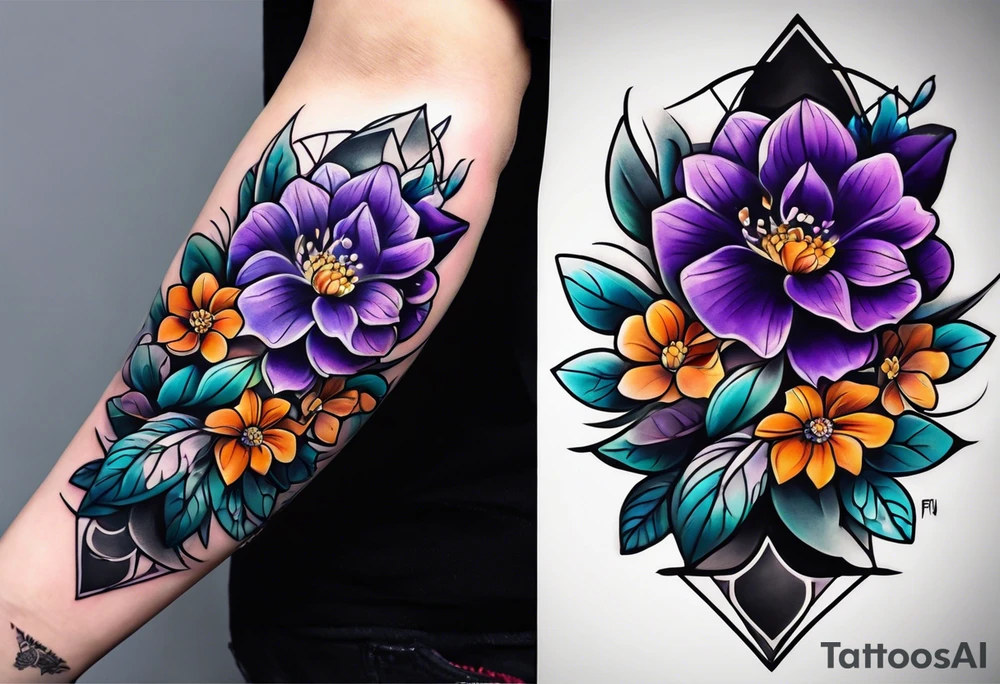 Forearm tattoo with purple flowers to always remember my grandma that passed away with heaven things added like clouds and stairs. tattoo idea