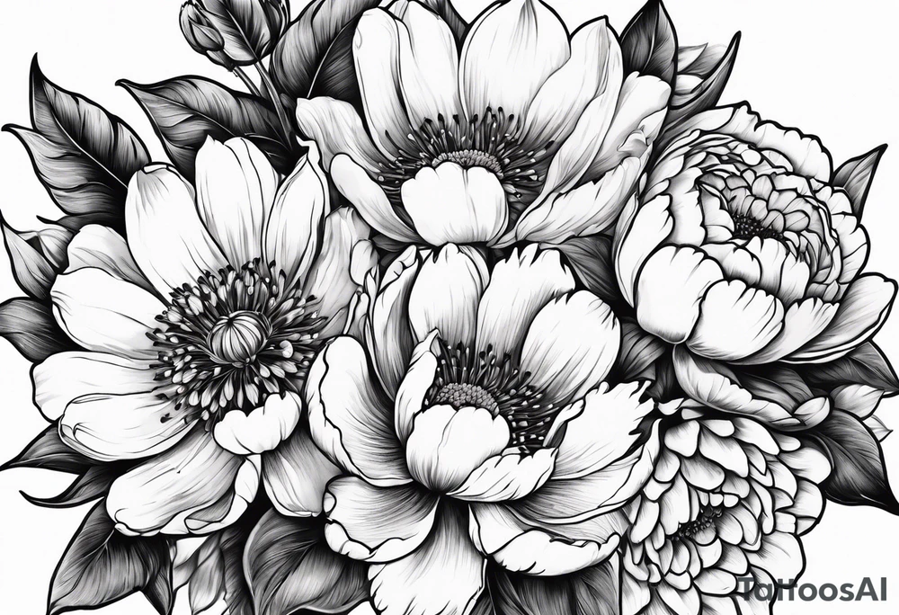 cherry blossom, peony, sunflower, tulip, lily bouquet tattoo idea
