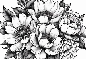 cherry blossom, peony, sunflower, tulip, lily bouquet tattoo idea