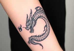 fierce dragon breathing iridescent fire against stormy skies tattoo idea