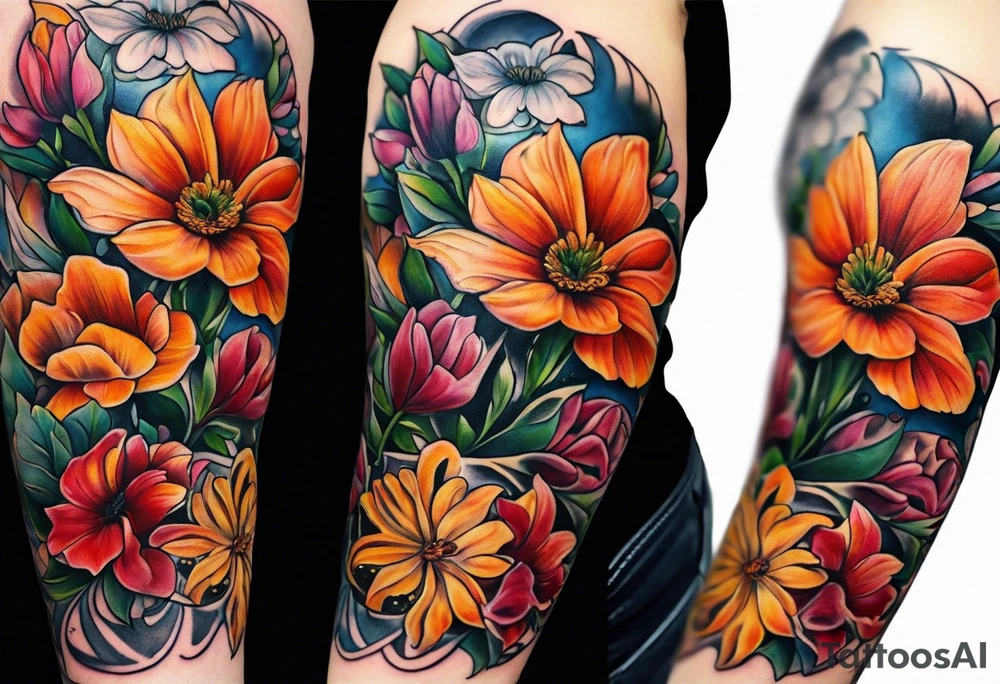 December,october, march birth flower left arm sleeve tattoo idea