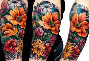 December,october, march birth flower left arm sleeve tattoo idea