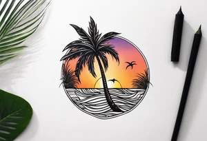 palm tree front of a sunset and waves tattoo idea