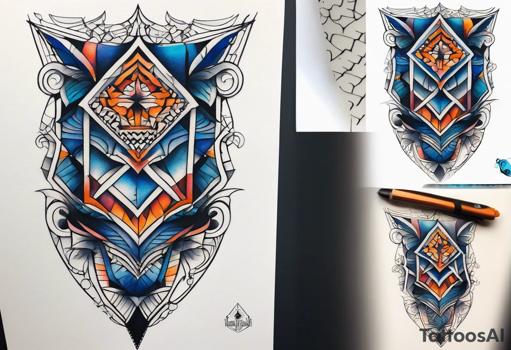 semi Detailed neo traditional knee tattoo flat on paper. The tattoo features geometric patterns and bold lines, creating a visually striking design with slight tints of deep fall colors. The background 
outside the tattoo features deep blues washes and water swirls tattoo idea
