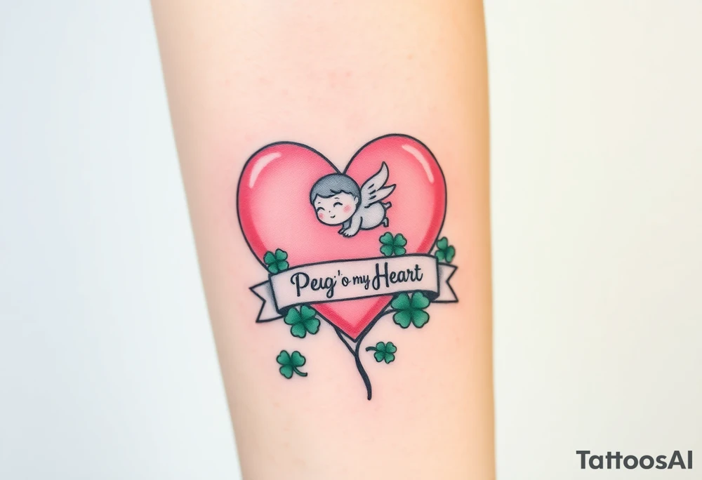 a big pink heart and a cartoon angel in a bunch of green shamrocks, a banner across the heart that says Peg 'o My Heart tattoo idea