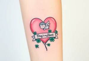 a big pink heart and a cartoon angel in a bunch of green shamrocks, a banner across the heart that says Peg 'o My Heart tattoo idea