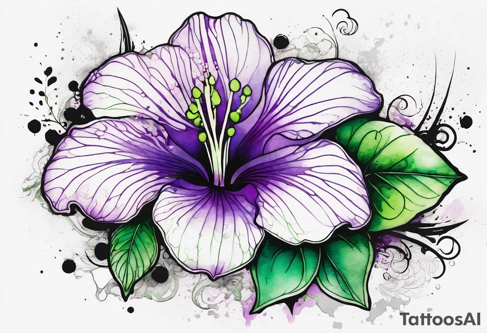 A mystical outline of a green and purple rio dipladenia flower and a green and purple watercolor splash in the background tattoo idea