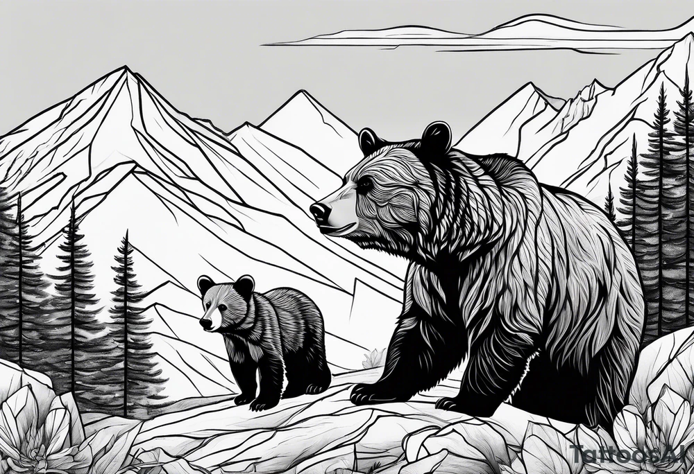 mamma bear and cub with mountains tattoo idea