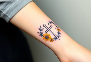 Yellow daisy Purple Hearts around a cross tattoo idea