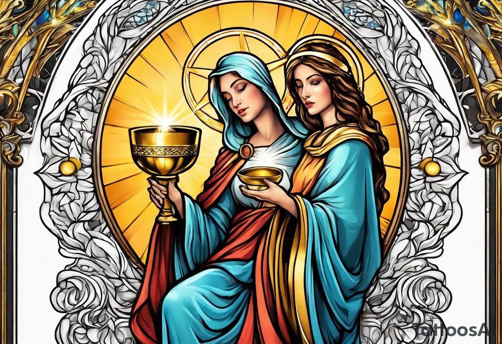 holy saint woman with golden halo holding a chalice tattoo idea