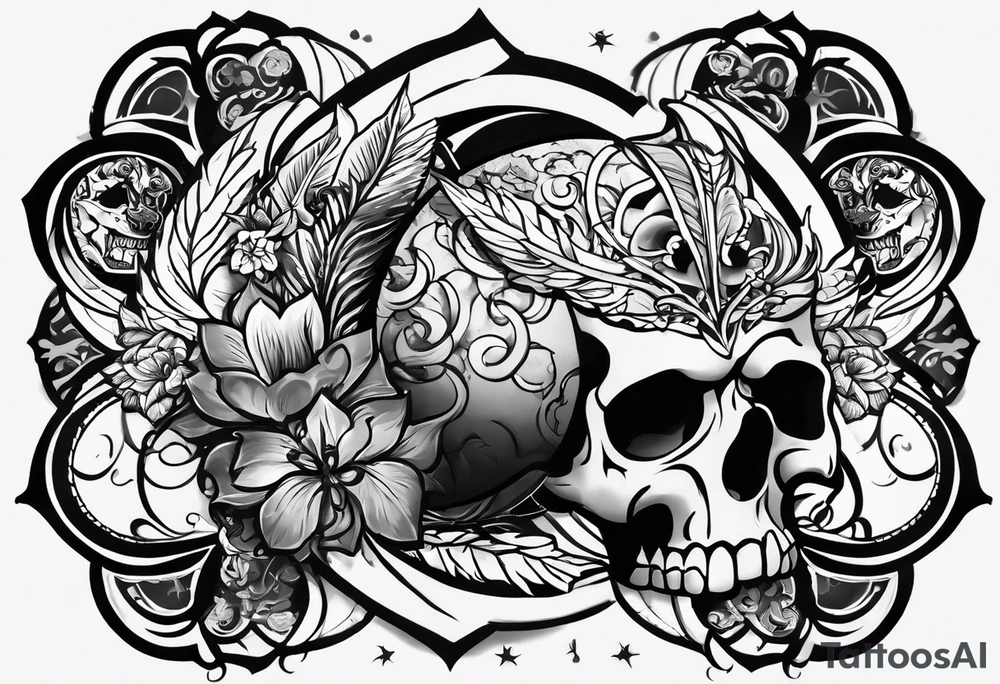 a tattoo with concept of adding buffs to luck for people who place it on their body. This tattoo will be in dark gothic and realistic art style, with Emblems presenting luck. No skulls or any dead meanings on the tattoo. tattoo idea
