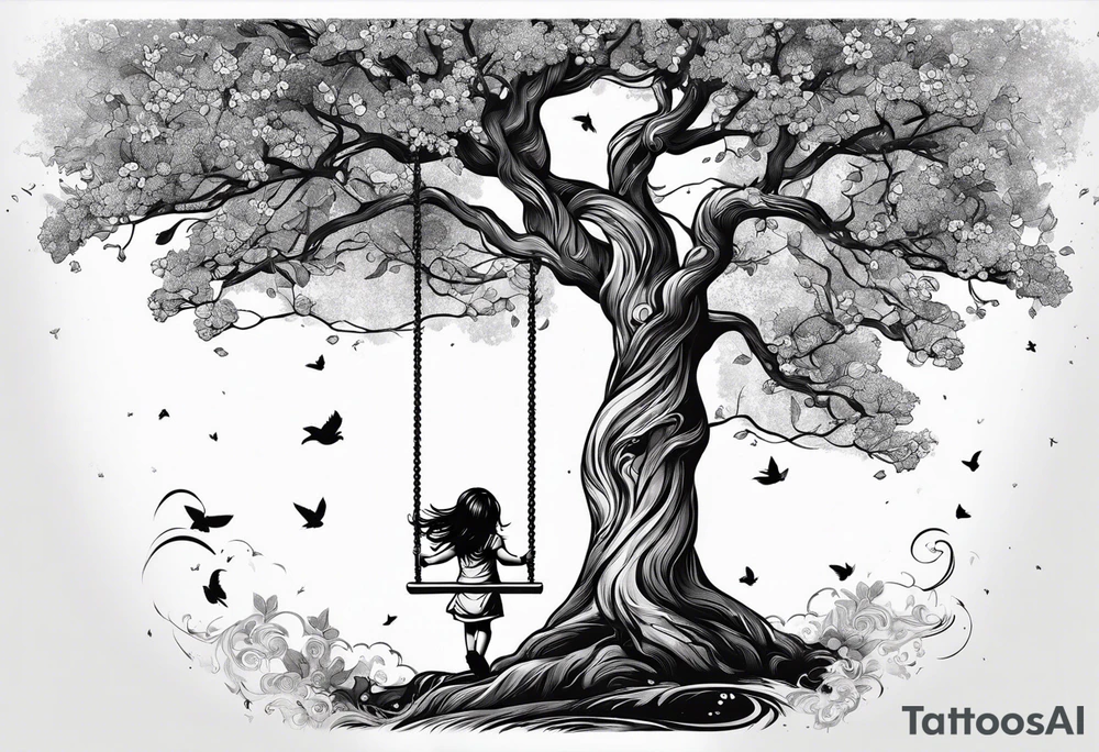 little girl swinging under a tree of life tattoo idea