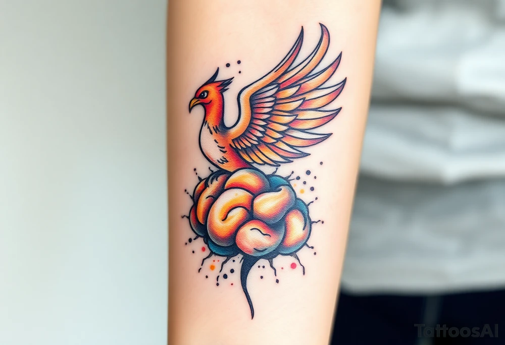 A phoenix rising out of a brain looking powerful tattoo idea