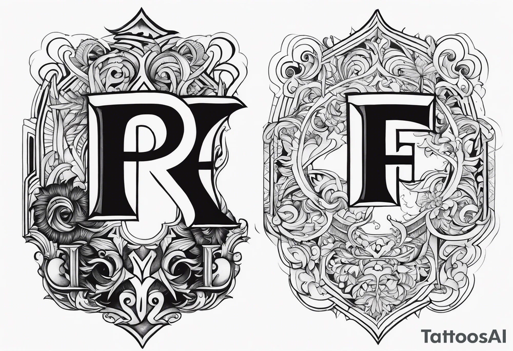 A backwards capital F next to a capital P with design elements around it. The left side should have elements of fire. The right side should have something that is fireproof or the opposite of fire. tattoo idea