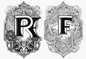A backwards capital F next to a capital P with design elements around it. The left side should have elements of fire. The right side should have something that is fireproof or the opposite of fire. tattoo idea