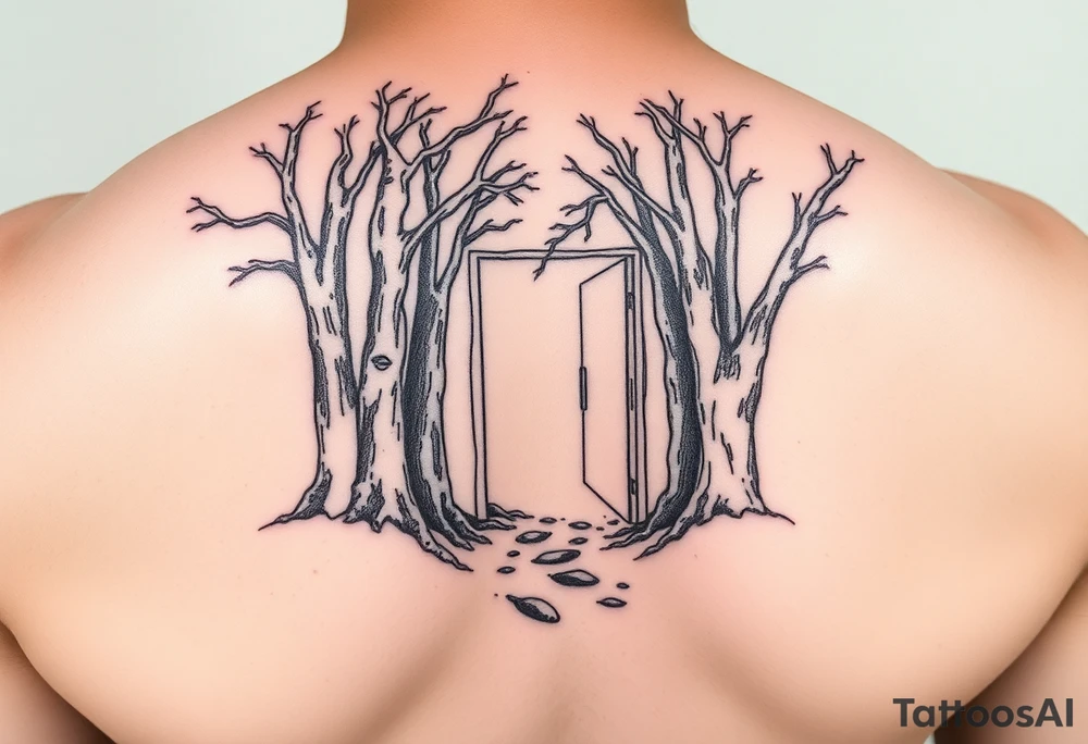 A wooded area with a doorway that is slightly ajar, leading to space tattoo idea