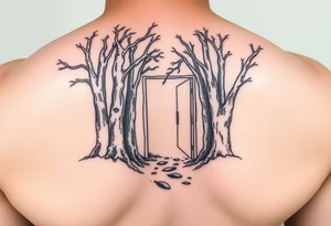 A wooded area with a doorway that is slightly ajar, leading to space tattoo idea