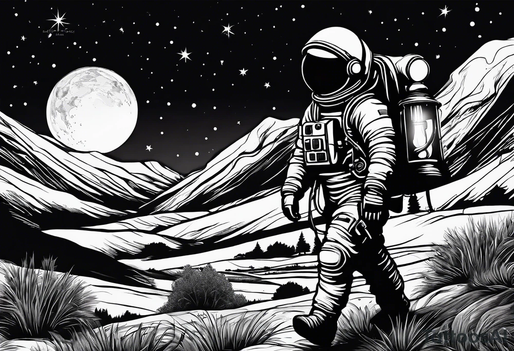 An astronaut using a lantern to walk through beautiful landscape in the dark tattoo idea