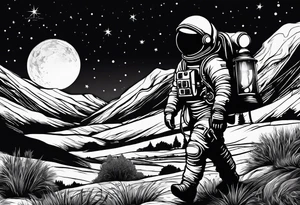An astronaut using a lantern to walk through beautiful landscape in the dark tattoo idea
