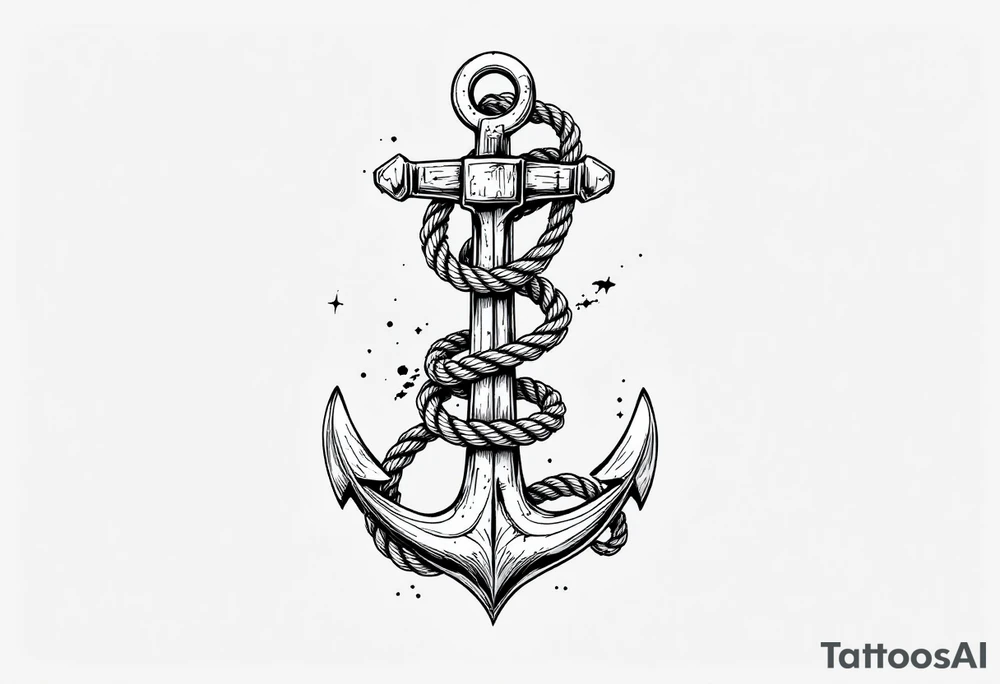 weathered anchor wrapped in nautical rope with sea waves tattoo idea