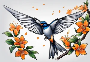 swallow leaving on an orange blossom branch with its wings up tattoo idea