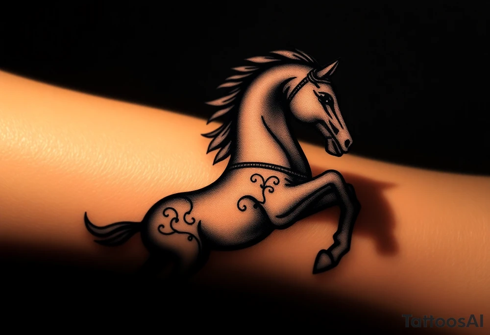 a knight of chess piece. The knight piece is depicted in motion, slightly tilted forward as if it's charging or coming out of the shadows. The knight’s face is detailed but with a focus on the horse's strong features: its mane flowing in the wind, and the body etched with intricate details to represent strength and agility. The knight is emerging from a shadow, with the front part of the body illuminated in soft, warm light. The shadowed portions near the back and tail create a mystical aura. tattoo idea