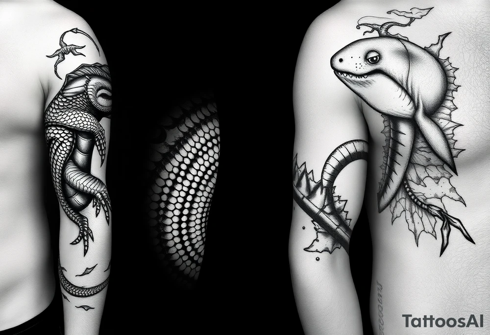i am planning a full left arm sleeve. for my UPPER arm i already have a large black crocodile at the front. i wish to have a shark and a harbour seal to finish my upper arm with animals. anmd then for my FOREARM see this prompt 'arm sleeve tattoo design combining organic alien blackwork patterns and biomechanical dragon‑scale textures.
Dense black sections flow around lighter geometric linework, creating contrast and movement.
Incorporate fluid wave‑like shapes, layered scales, and textured shading to disguise uneven skin.
Style: black and grey, high‑contrast, heavy pattern, scar‑cover design.” tattoo idea
