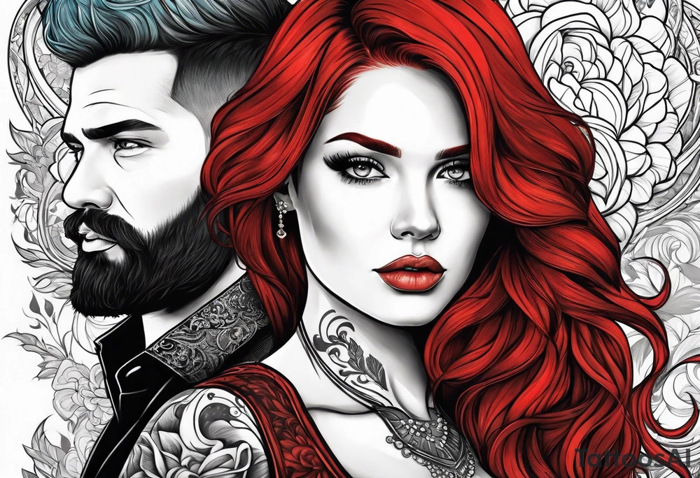 Busty red haired woman with a bearded man who has black hair tattoo idea