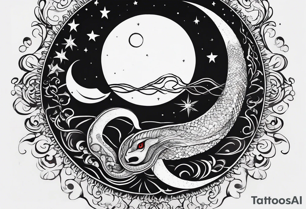 the sun and crescent moon are connected, the moon has a snake wrapped around it, the sun has a cardinal in it, simple tattoo idea