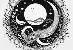 the sun and crescent moon are connected, the moon has a snake wrapped around it, the sun has a cardinal in it, simple tattoo idea