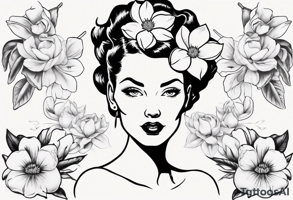 pin-up style queen with retro features surrounded by magnolia flowers tattoo idea pin-up style queen with retro features surrounded by magnolia flowers tattoo idea
