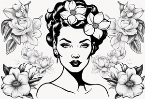 pin-up style queen with retro features surrounded by magnolia flowers tattoo idea