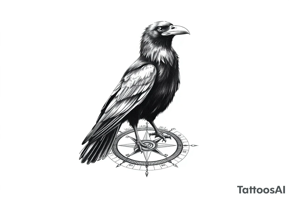 a raven stands on a compass. tattoo idea