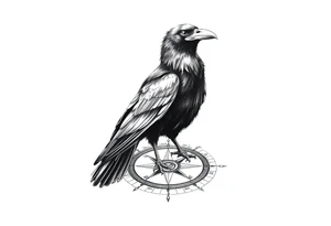 a raven stands on a compass. tattoo idea