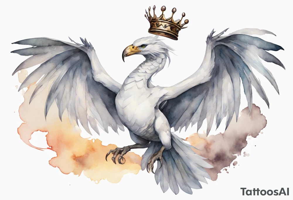 a watercolor of a white bird-serpent hybrid wearing an iron crown, flying in the sky tattoo idea
