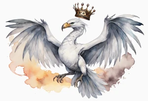 a watercolor of a white bird-serpent hybrid wearing an iron crown, flying in the sky tattoo idea