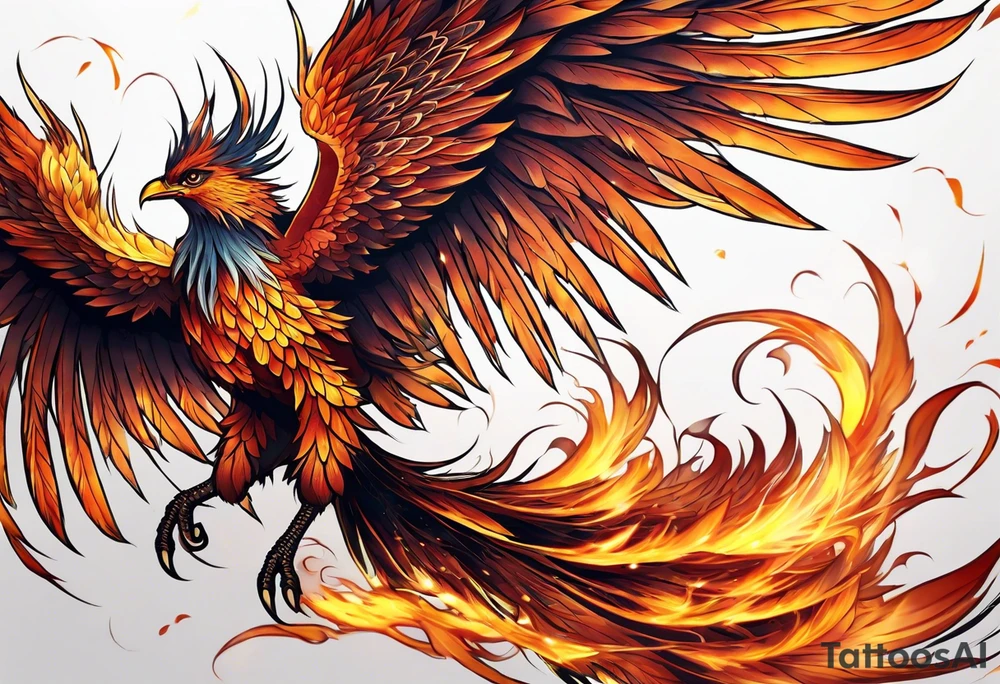 Anime Tattoo: A powerful, majestic phoenix, depicted mid-flight or rising, with wings extended and feathers flowing. Deep shading and intricate details to bring out the texture and motion of the feathers. Style: Anime. tattoo idea