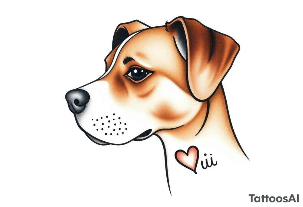 One line tattoo of female dog with white strip going up dog’s snout slightly off centered. Brown brindled and the dogs tongue slightly out with  the name kiwi and Just the colors black  white brown with a small heart near by tattoo idea