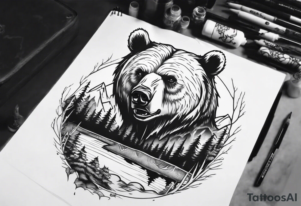 bear head right above the forest line with a lake below, full arm sleeve tattoo tattoo idea