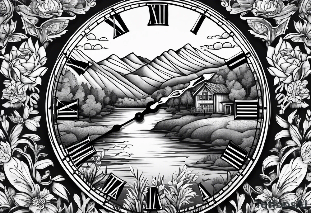 clock with landscape tattoo idea