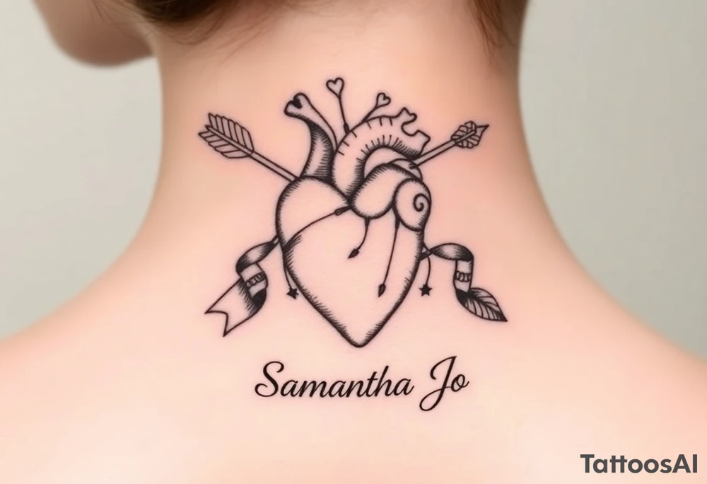 anatomical heart pierced by ornate arrow with flowing ribbons with the name Samantha Jo tattoo idea